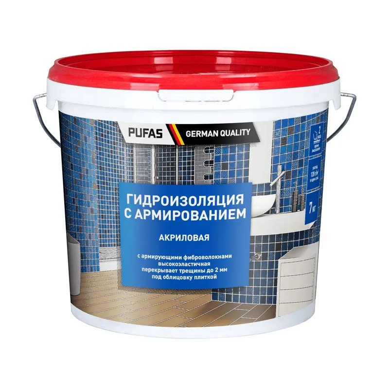 Гидроизоляция Pufas акриловая, с армированием, морозостойкая, 7 кг