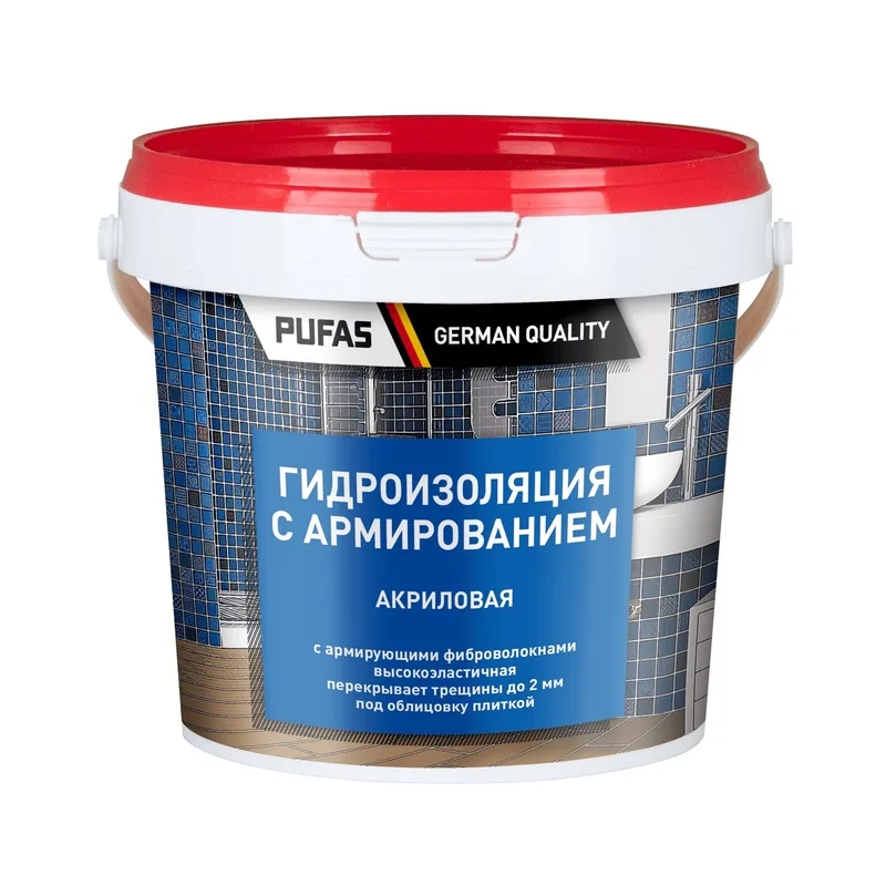Гидроизоляция Pufas акриловая, с армированием, морозостойкая, 1,3 кг