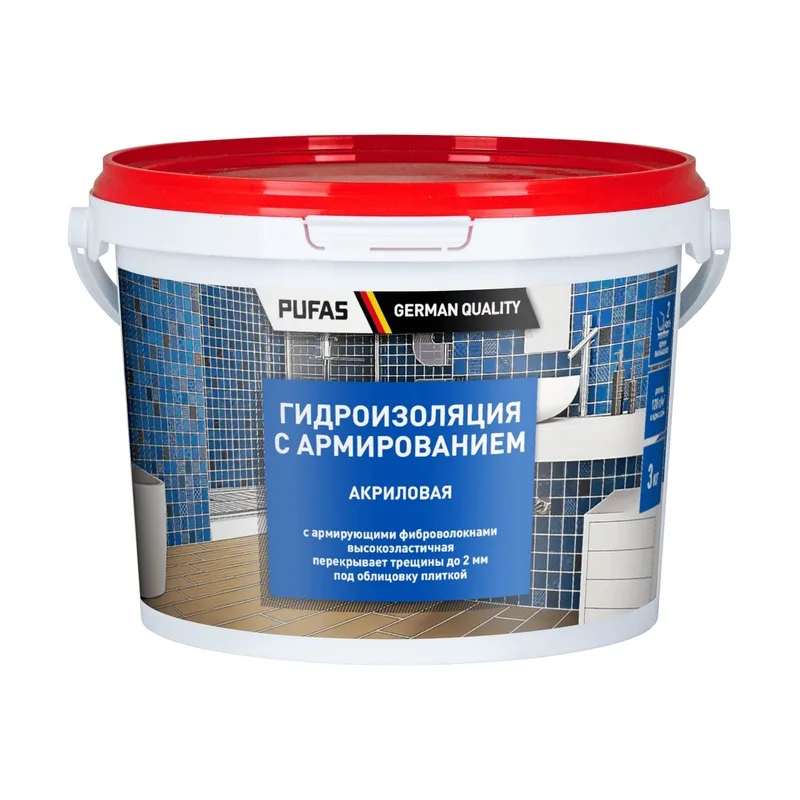 Гидроизоляция Pufas акриловая, с армированием, морозостойкая, 3 кг